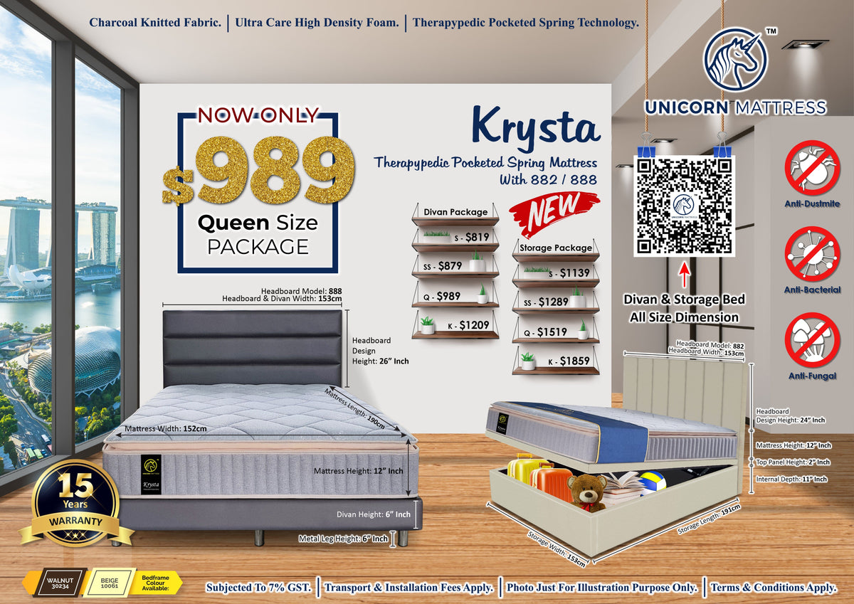 Unicorn Krysta Therapypedic Pocketed Spring Mattress (12 inch) with Bed Frame Bundle-Unicorn-Sleep Space