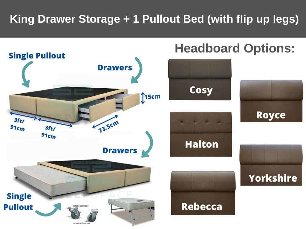 Maxcoil King Drawer Storage + 1 Pullout Bed (Single, with flip up legs)-Maxcoil-Sleep Space