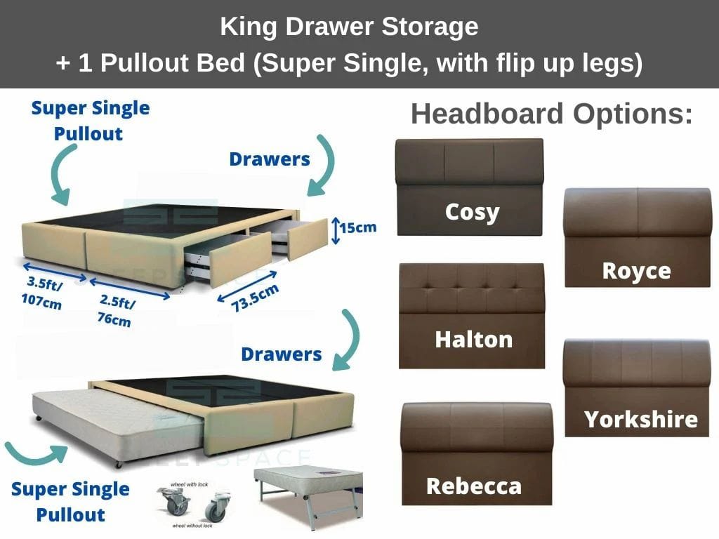 Maxcoil King Drawer Storage + 1 Pullout Bed (Super Single, with flip up legs)-Maxcoil-Sleep Space