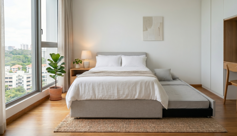 A bright, modern bedroom featuring a 3-in-1 trundle bed with the lower mattress pulled out, set on a natural woven rug next to a large window overlooking a Singaporean cityscape.