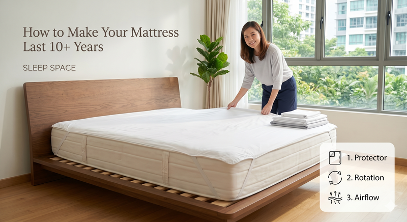 lady next to a mattress showing how to make your mattress last 10+ years 