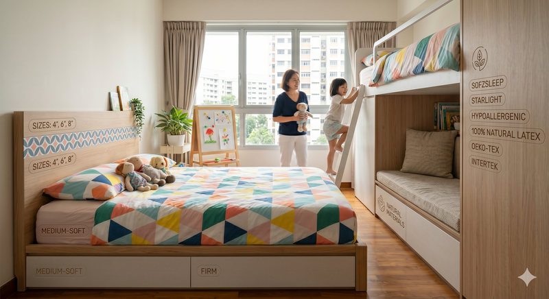 Modern Singapore kids' bedroom featuring Sleep Space dual-firmness mattresses and a bunk bed.
