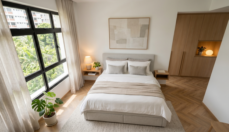 A cozy, serene bedroom setup by Sleep Space featuring a functional MaxCoil storage bed, highlighting efficient furniture solutions for small living spaces.