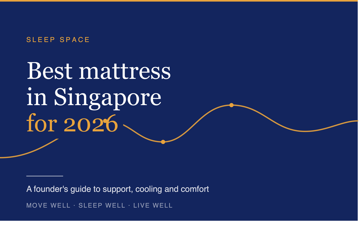 Sleep Space blog header for "Best mattress in Singapore for 2026" — navy background with a gold alignment curve graphic and the tagline "Move well, sleep well, live well"