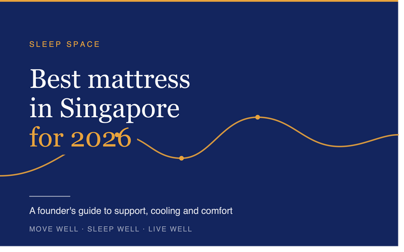 Sleep Space blog header for "Best mattress in Singapore for 2026" — navy background with a gold alignment curve graphic and the tagline "Move well, sleep well, live well"