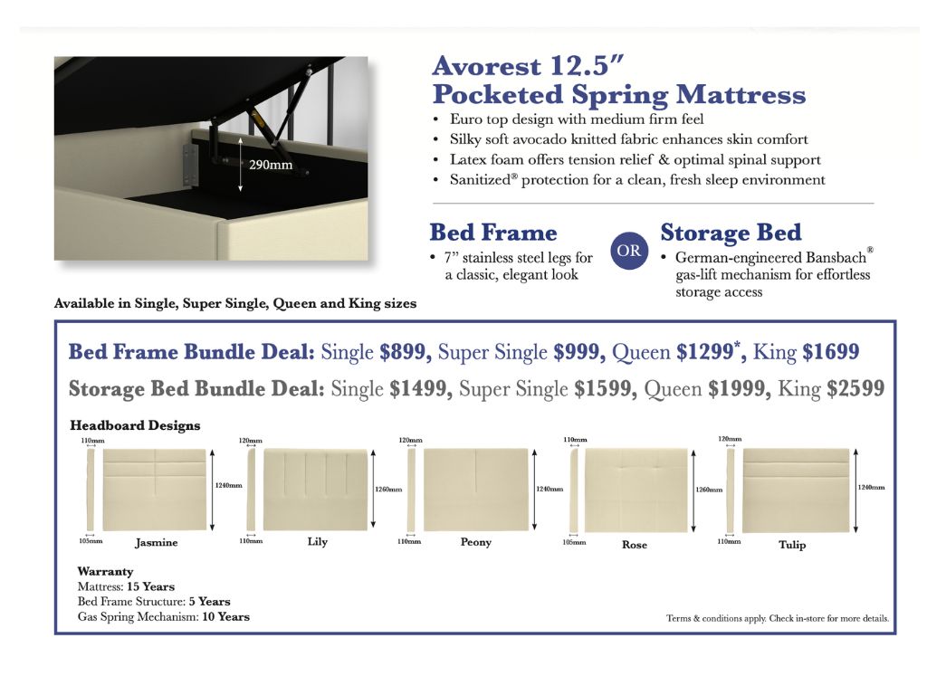 Maxcoil Aovrest Mattress and bed bundle promo prices and headboard design- Sleep Space 