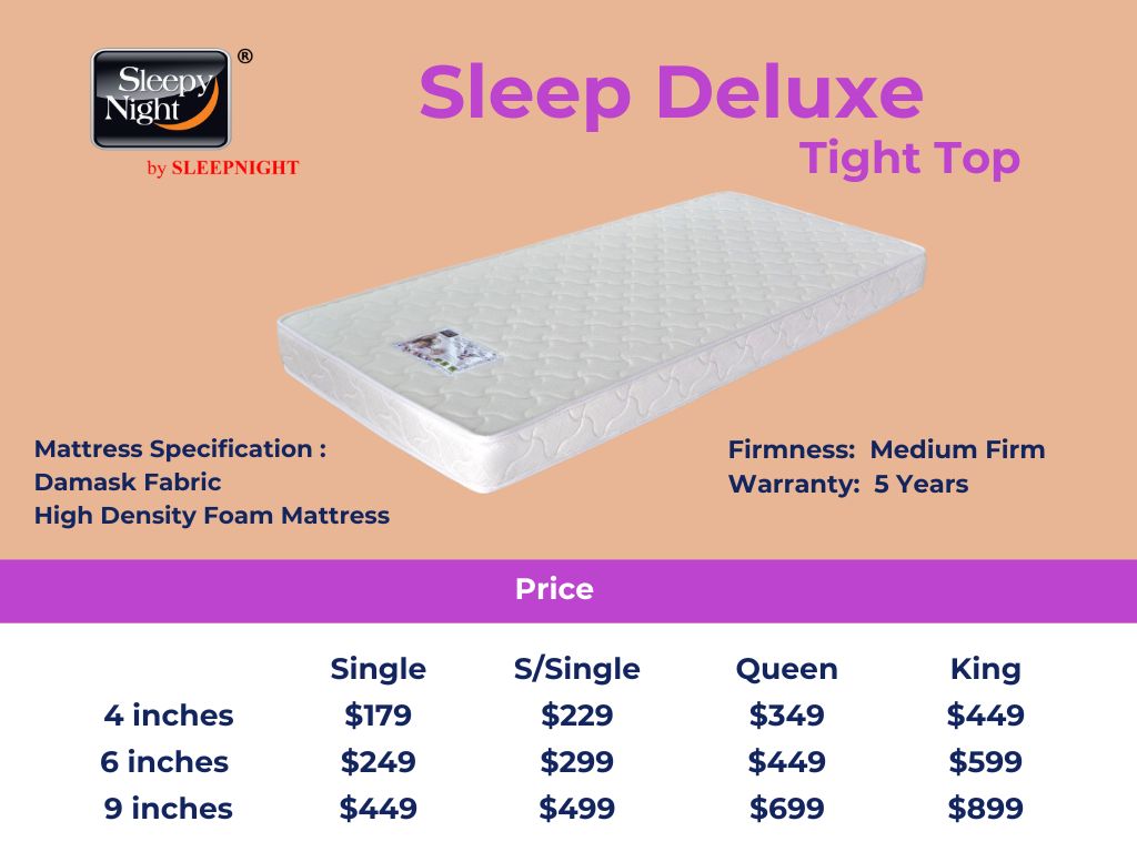 A high-density foam mattress with a tight top design is displayed on a white background. The mattress features a damask fabric cover and is labeled with specifications, including firmness level, warranty, and pricing options.