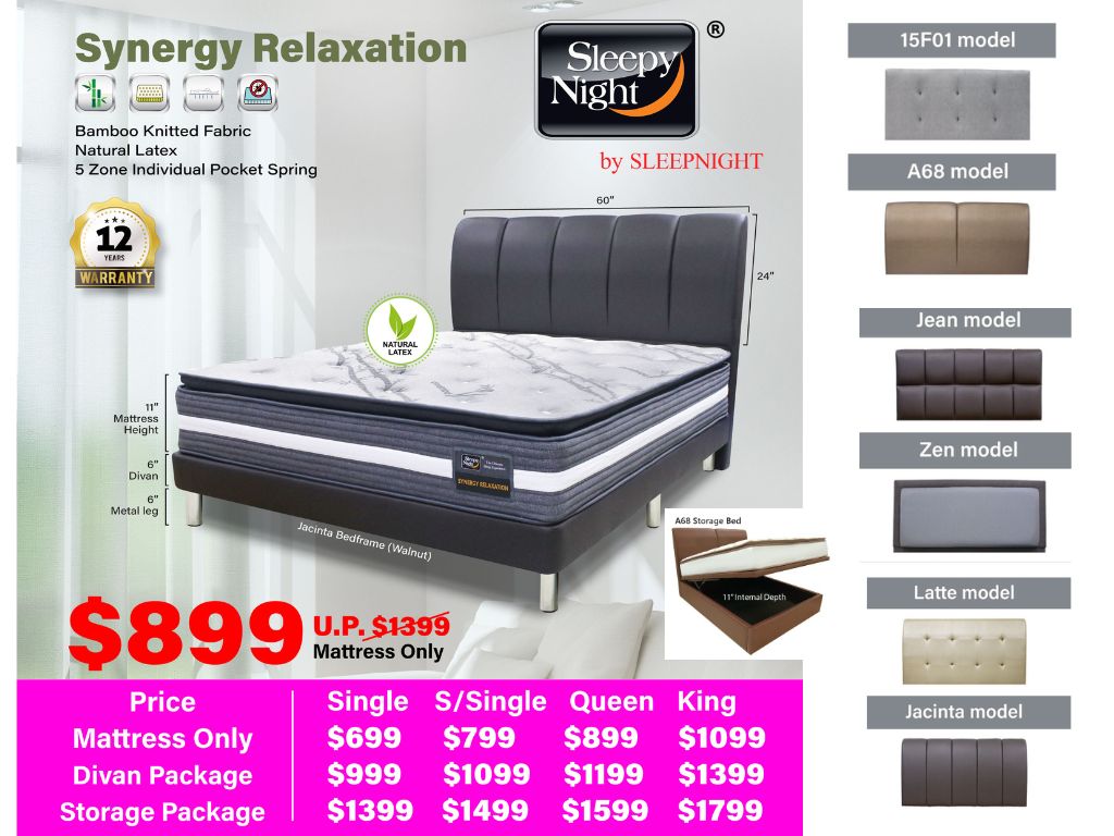Sleepy Night Synergy Relaxation Pocket Spring Natural Latex Topper Mattress + Bed Bundle