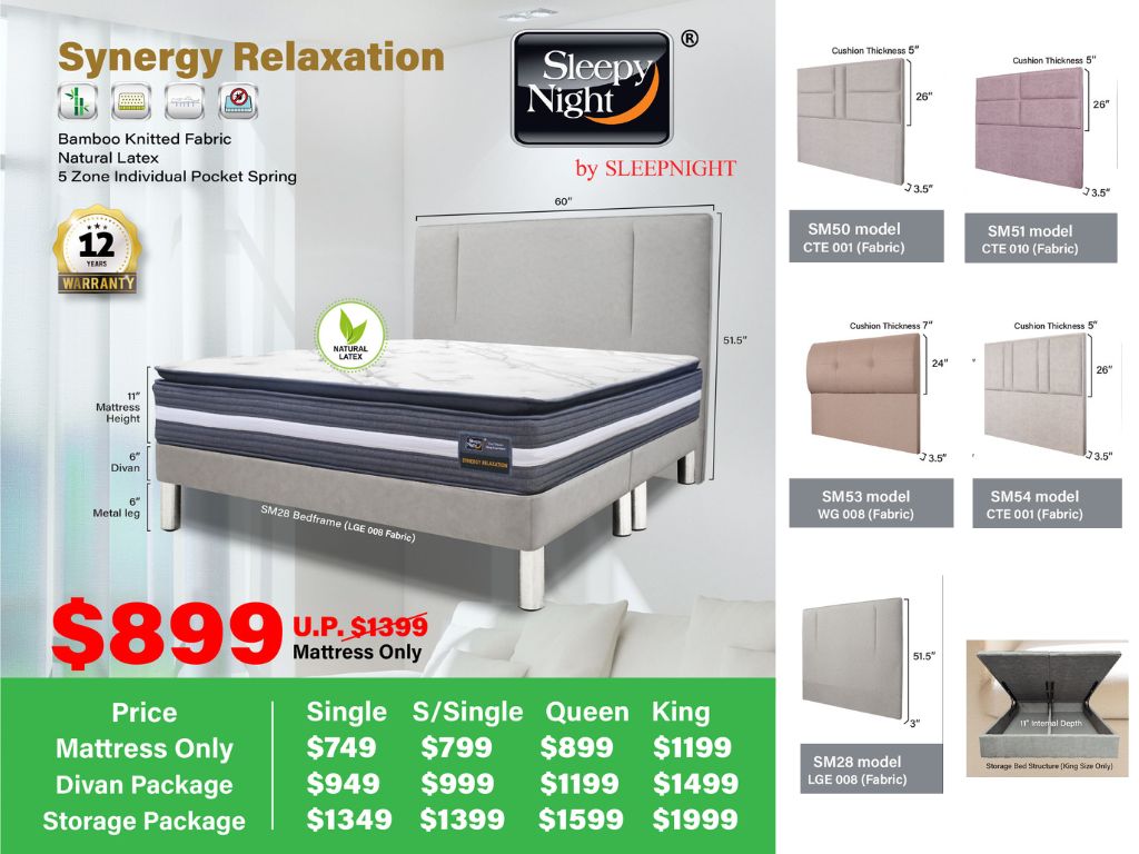 Sleepy Night Synergy Relaxation Pocket Spring Natural Latex Topper Mattress + Bed Bundle