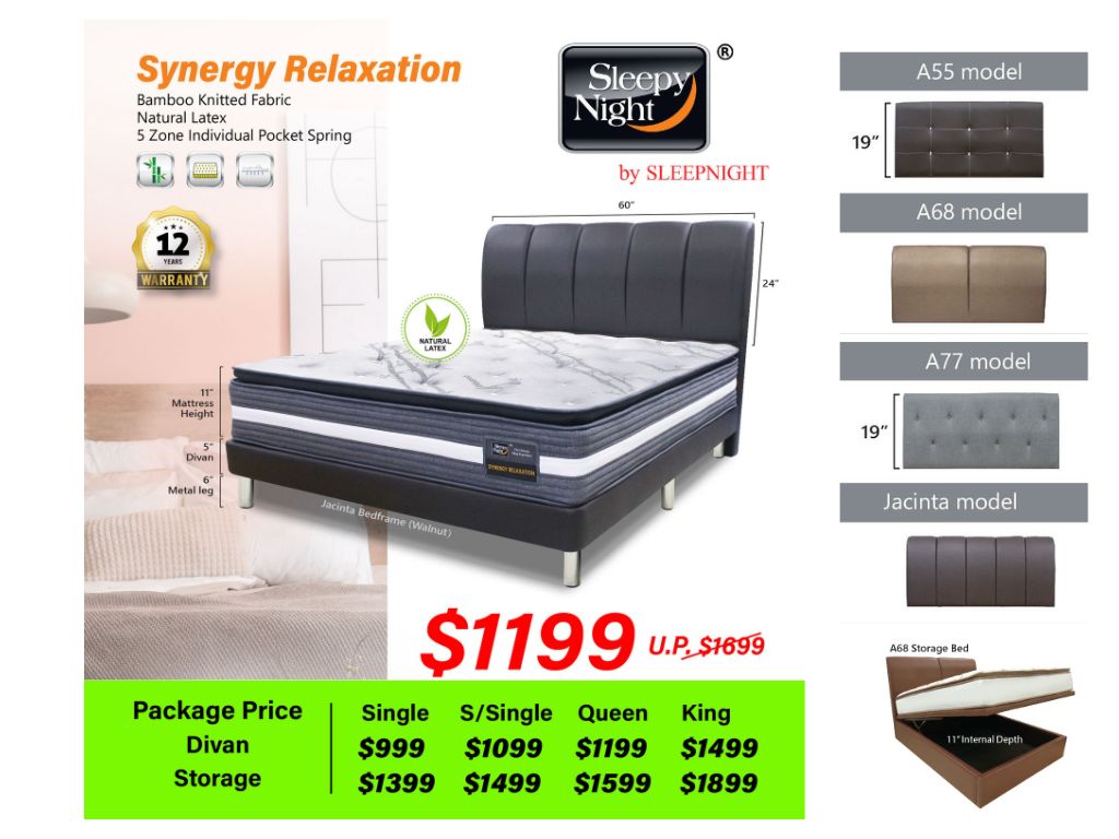 Sleepy Night Synergy Relaxation Pocket Spring Natural Latex Topper Mattress + Bed Bundle