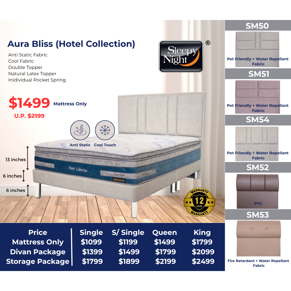 Poster for Sleepy Night Aura Bliss mattress and bed frame bundles with pricelist and headbaord designs. To be purchased from Sleep Space Singapore 
