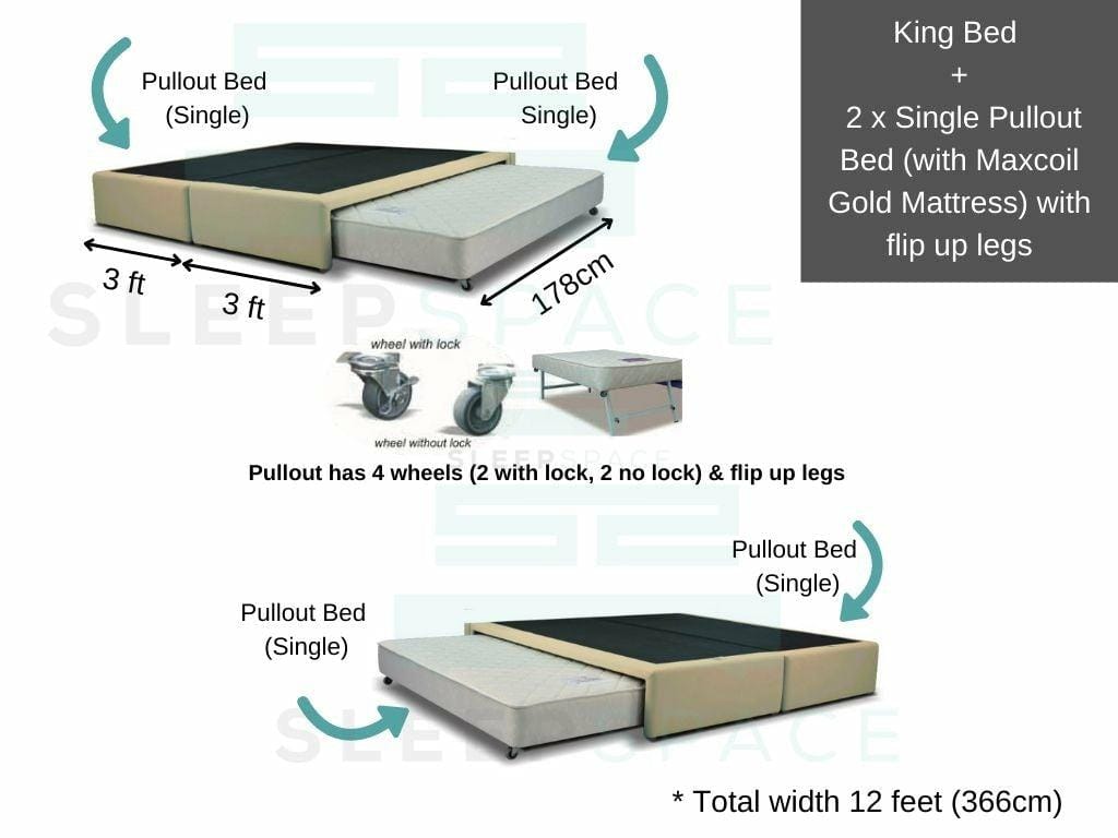 Maxcoil King Size Bed + 2 Single Pullout Beds (with flip legs)-Maxcoil-Sleep Space