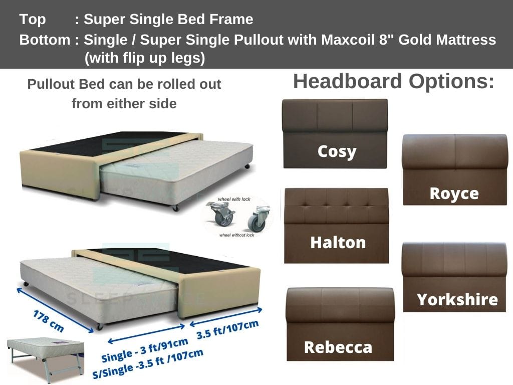 Maxcoil Super Single Size Bed + 1 Pullout Bed (with flip up legs)-Maxcoil-Sleep Space